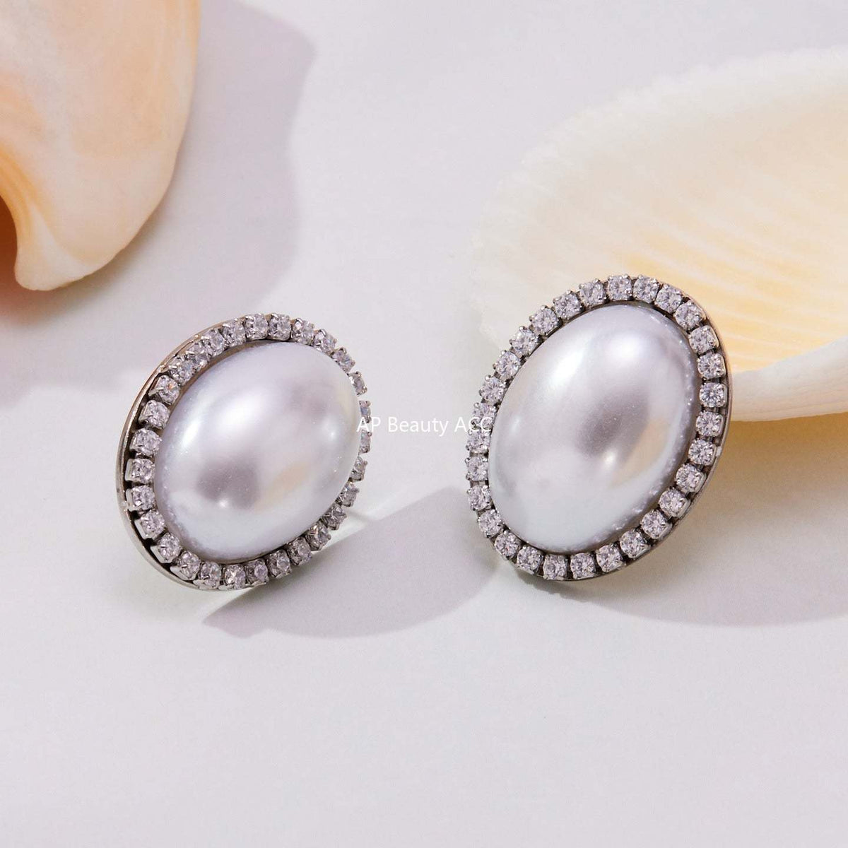 B廠-小眾設計感橢圓形貝珠鋯石耳環不鏽鋼鍍18k金跨境珠寶首飾「F793-F983」25.10-5