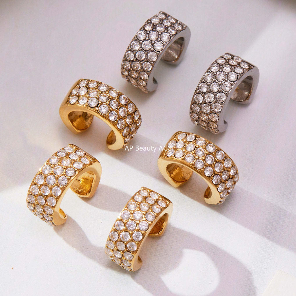 B廠-不鏽鋼超閃5A鋯石C型滿鑽耳夾鍍18k真金簡約個性耳飾不掉色「F983」25.10-5