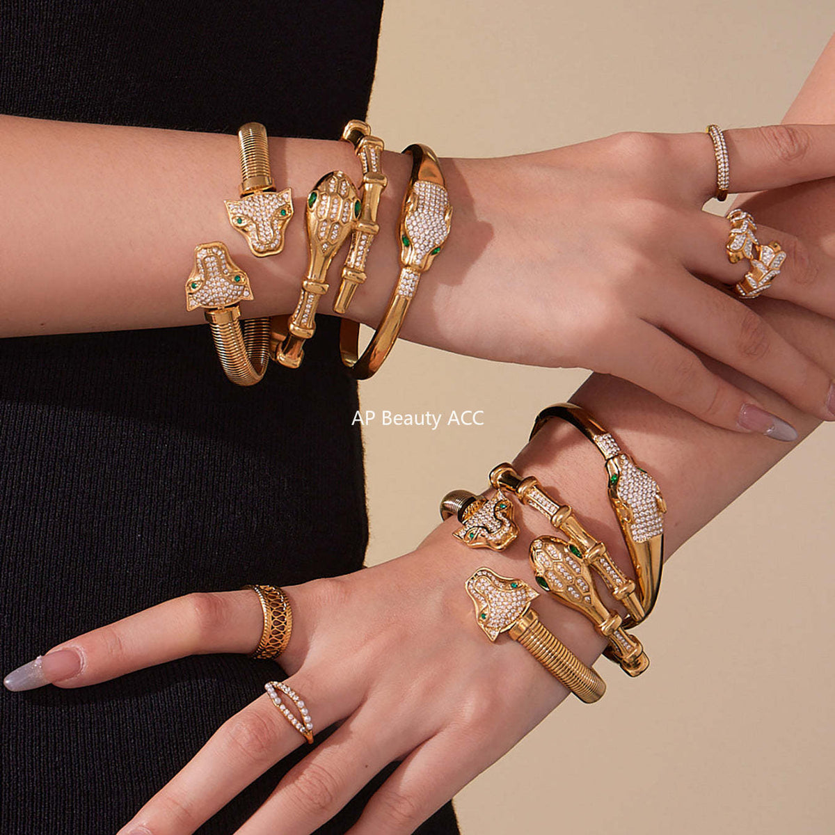 B廠-歐美新款雙豹子頭滿鑽5A鋯石開口彈力手鐲不鏽鋼鍍18k真金「Z506-Z507-Z508」25.10-5