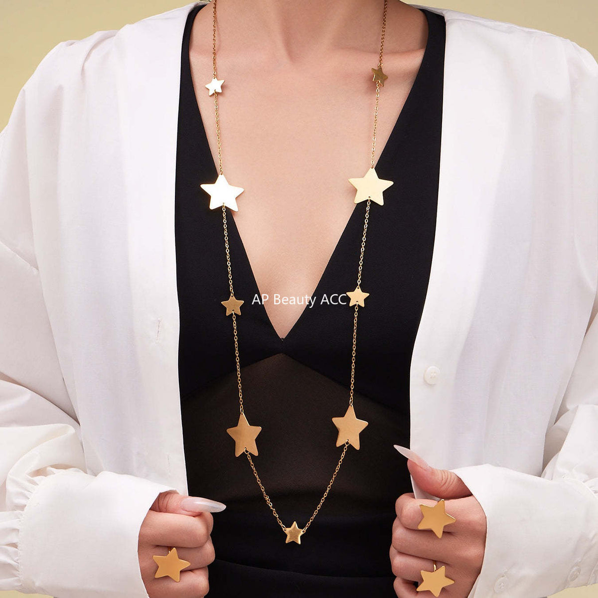 B廠-法式浪漫自然星星形狀戒指耳環毛衣項鍊套裝不鏽鋼鍍18k金「TXP457」25.10-5