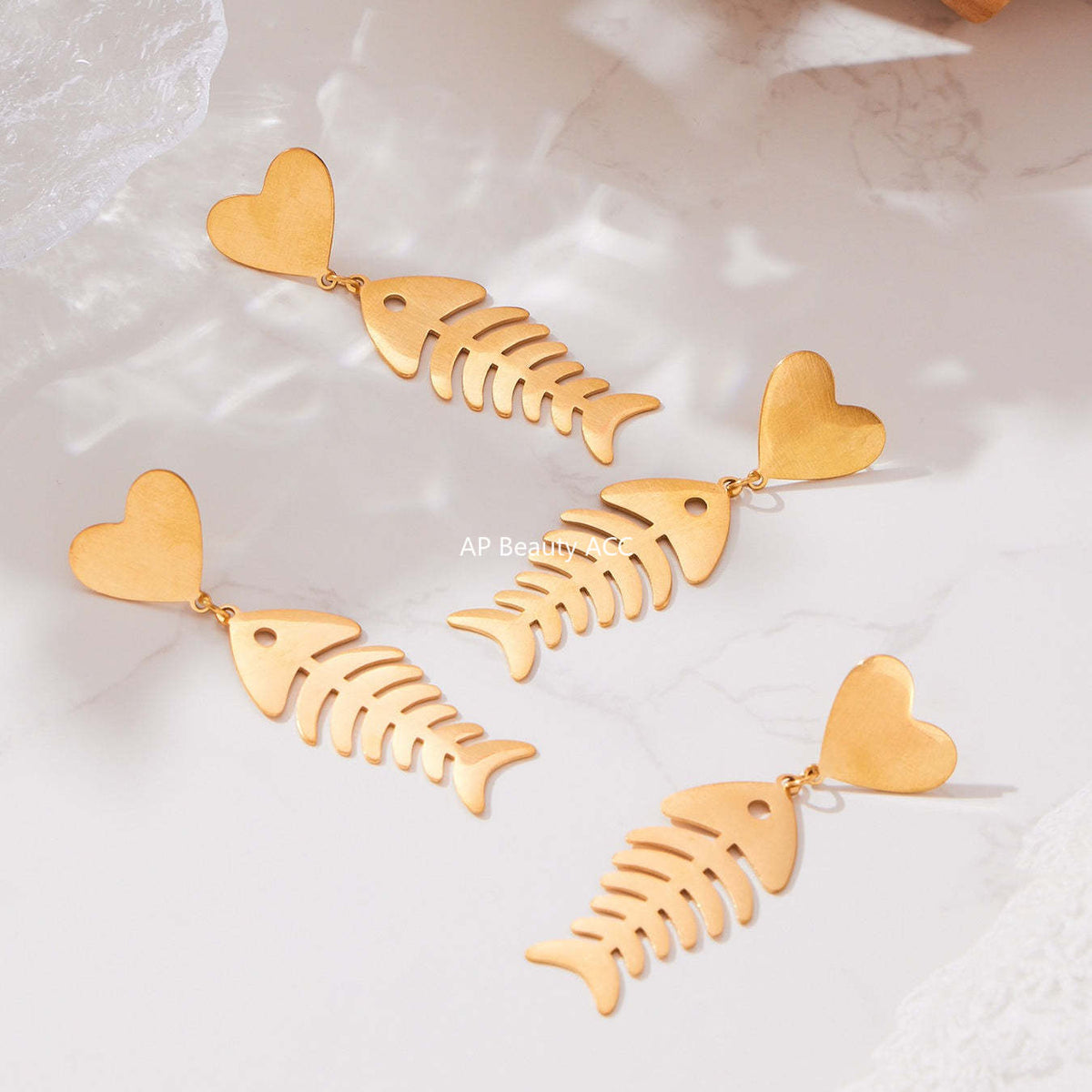 B廠-不鏽鋼18k鍍金魚骨愛心項鍊耳環戒指歐美氣質珠寶首飾套裝「TXP459」25.10-5