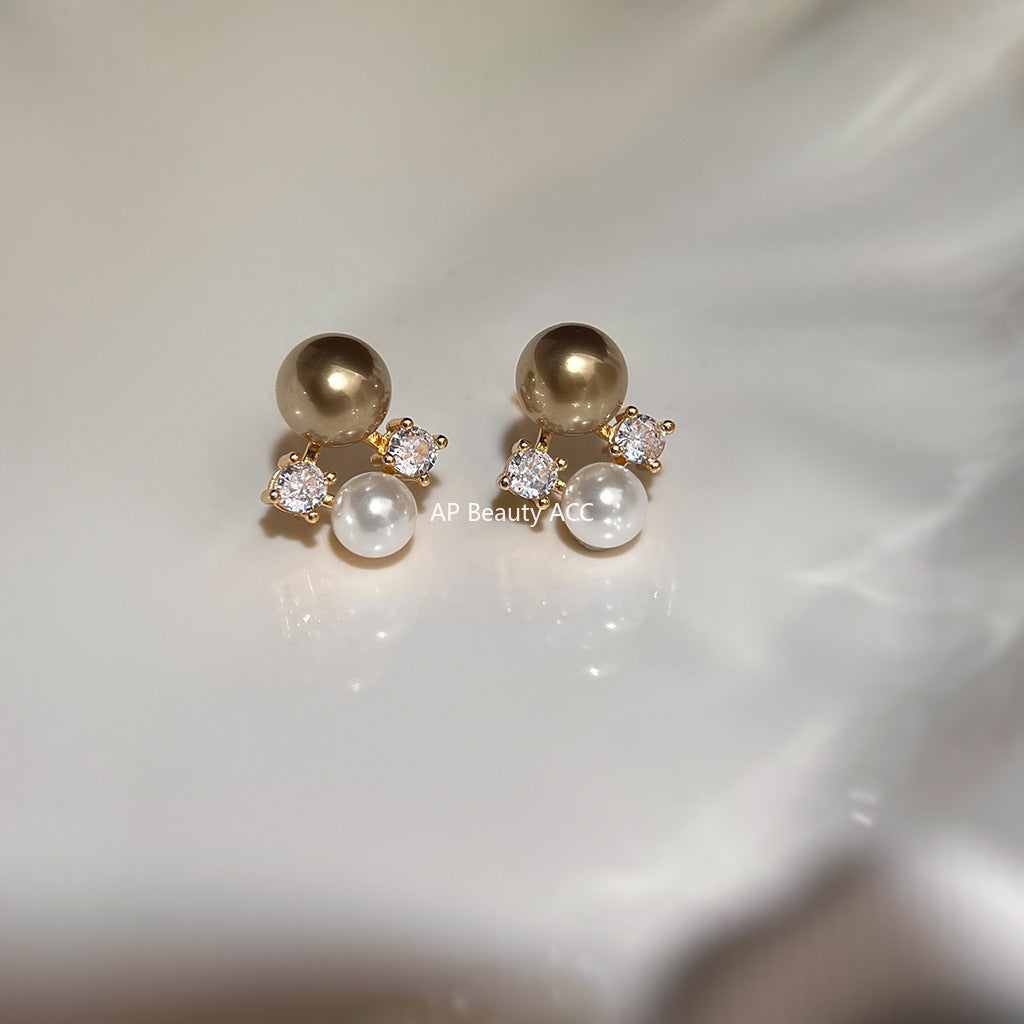 A廠-秋冬爆款咖啡珍珠美拉德風微鑲鋯石925銀針鍍14K珍珠耳環工廠耳飾「6925」25.10-3