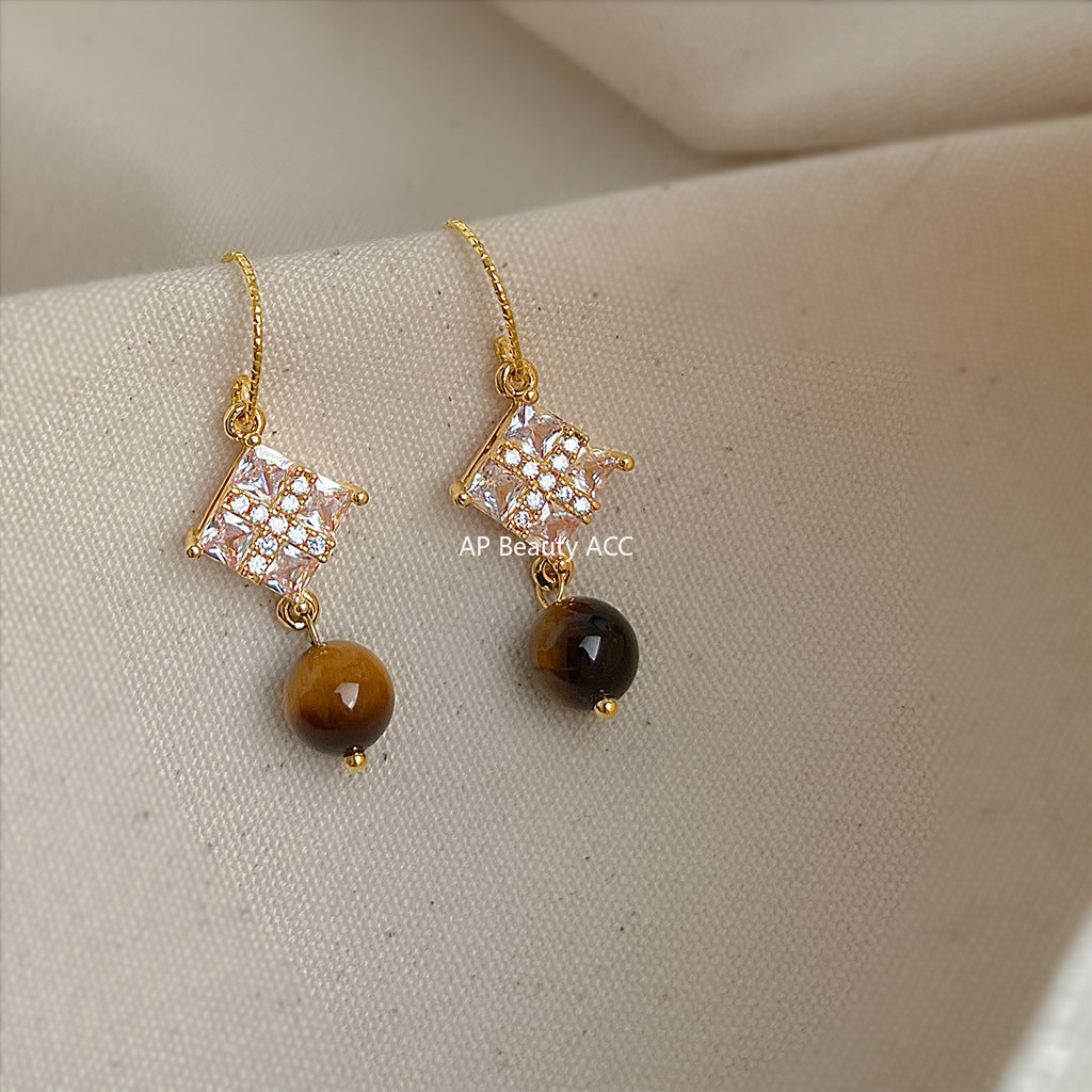 A廠-微鑲鋯石秋冬新款天然石虎眼石美拉德風時尚高級感耳飾工廠耳環女「6874」25.10-1