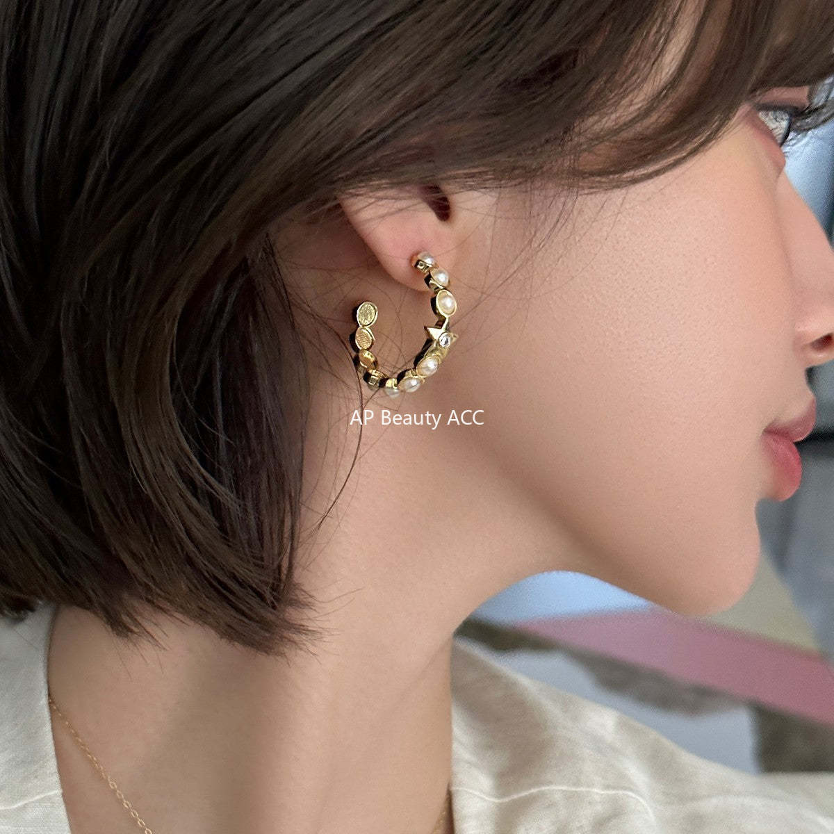 C廠-小香風珍珠耳圈女輕奢ins甜美百搭星星鋯石銀針耳環高級感新耳飾「EH-4113」25.10-5