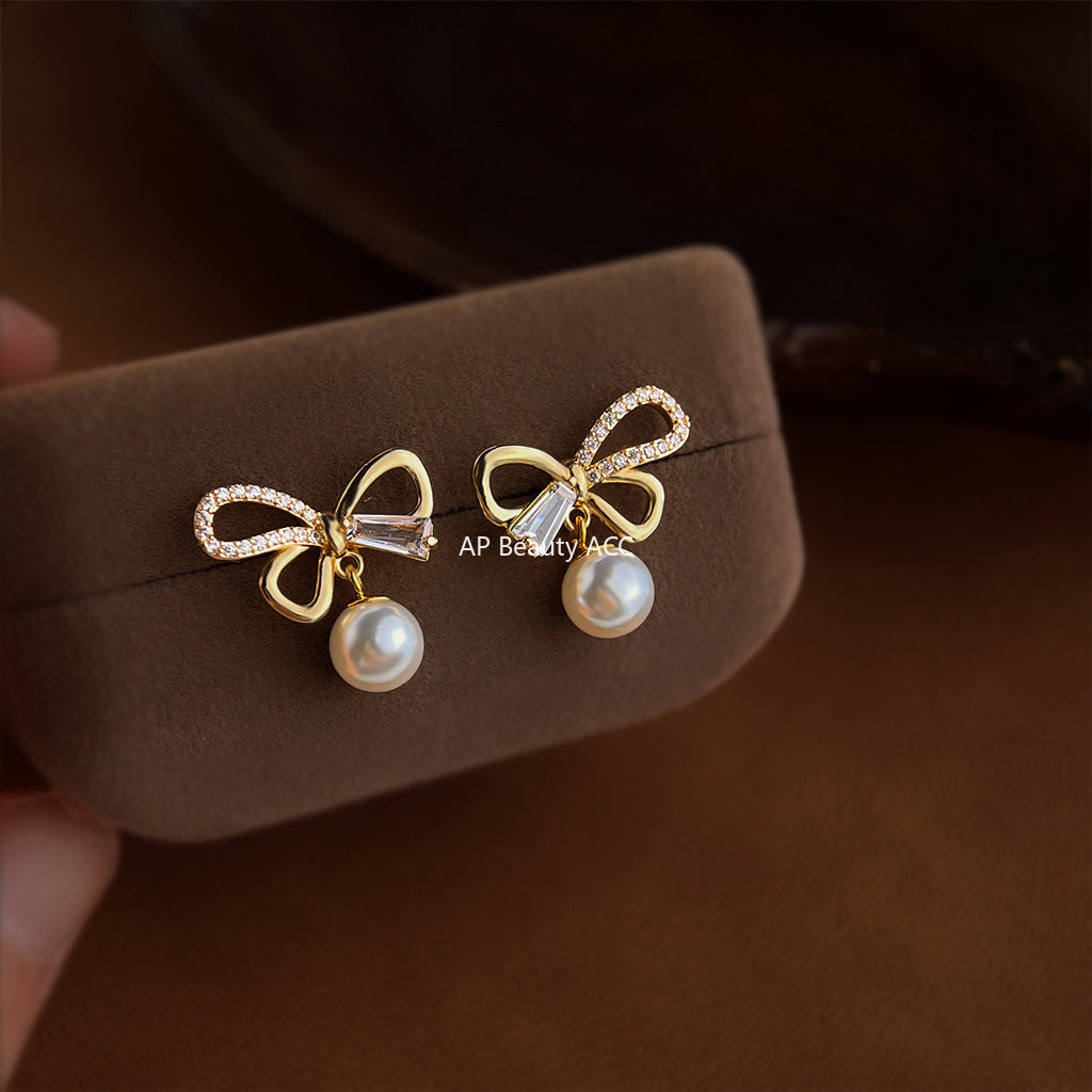 A廠-原廠微鑲鋯石925銀針鍍14K簡約時尚高級感通勤新款蝴蝶結耳飾耳釘「6908」25.10-2