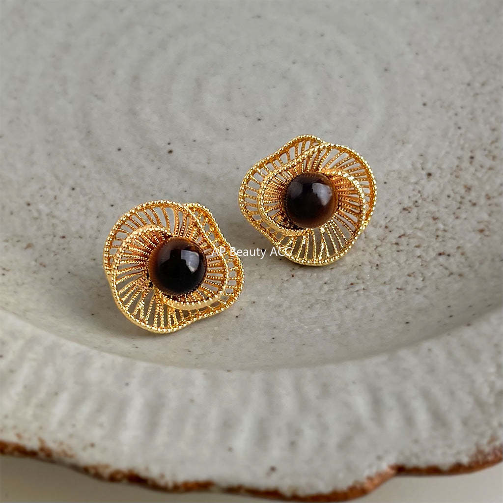 A廠-美拉德風文藝復古虎眼石天然石秋冬爆款新款幾何鏤空花朵耳飾耳環「6976」25.10-5