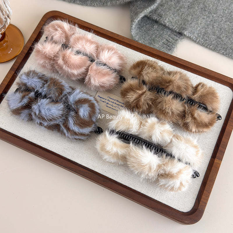 E廠-韓系虎斑豹紋毛絨香蕉夾毛絨絨竪夾高級感盤髮夾馬尾竪夾半扎髮抓「27619」25.10-5