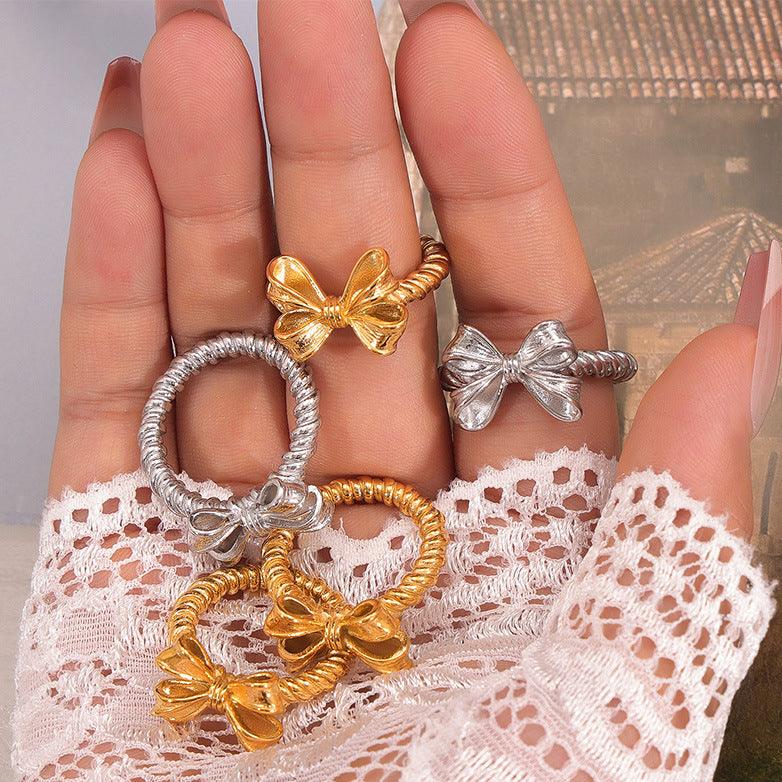 B廠-2024年小眾優雅時尚蝴蝶結戒指女輕奢鈦鋼鍍金網紅指環冷淡風飾品「A064」24.06-1