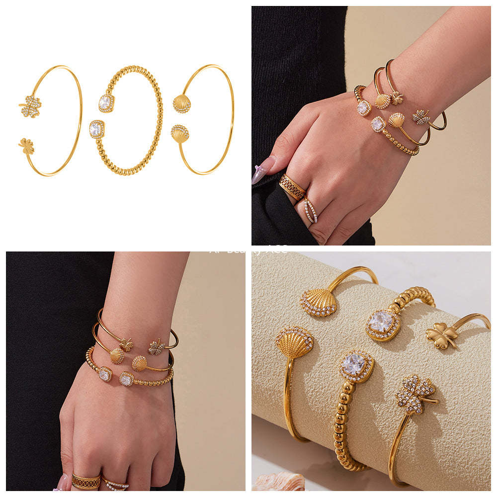 B廠-超閃5A鋯石鋼珠開口彈力繩手鐲不鏽鋼材質鍍18k真金不掉色「Z503-Z504-Z505」25.10-5