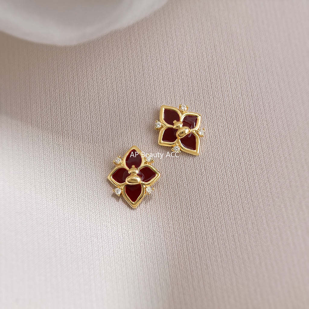 A廠-福祿~葫蘆原創設計925銀針微鑲鋯石琺瑯滴釉酒紅色芒星耳釘耳飾女「6988」25.10-5