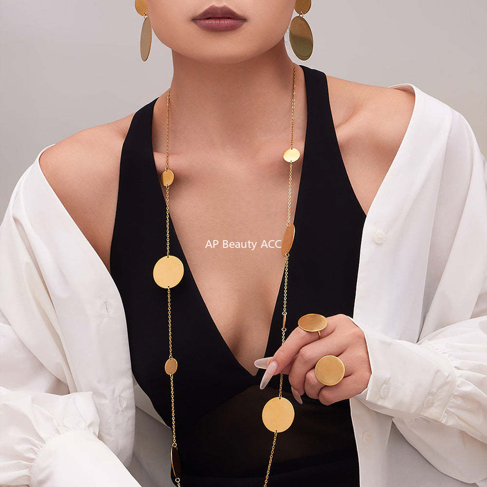 B廠-歐美簡約不鏽鋼大小圓圈項鍊耳環戒指套裝鍍18k金珠寶首飾「TXP458」25.10-5