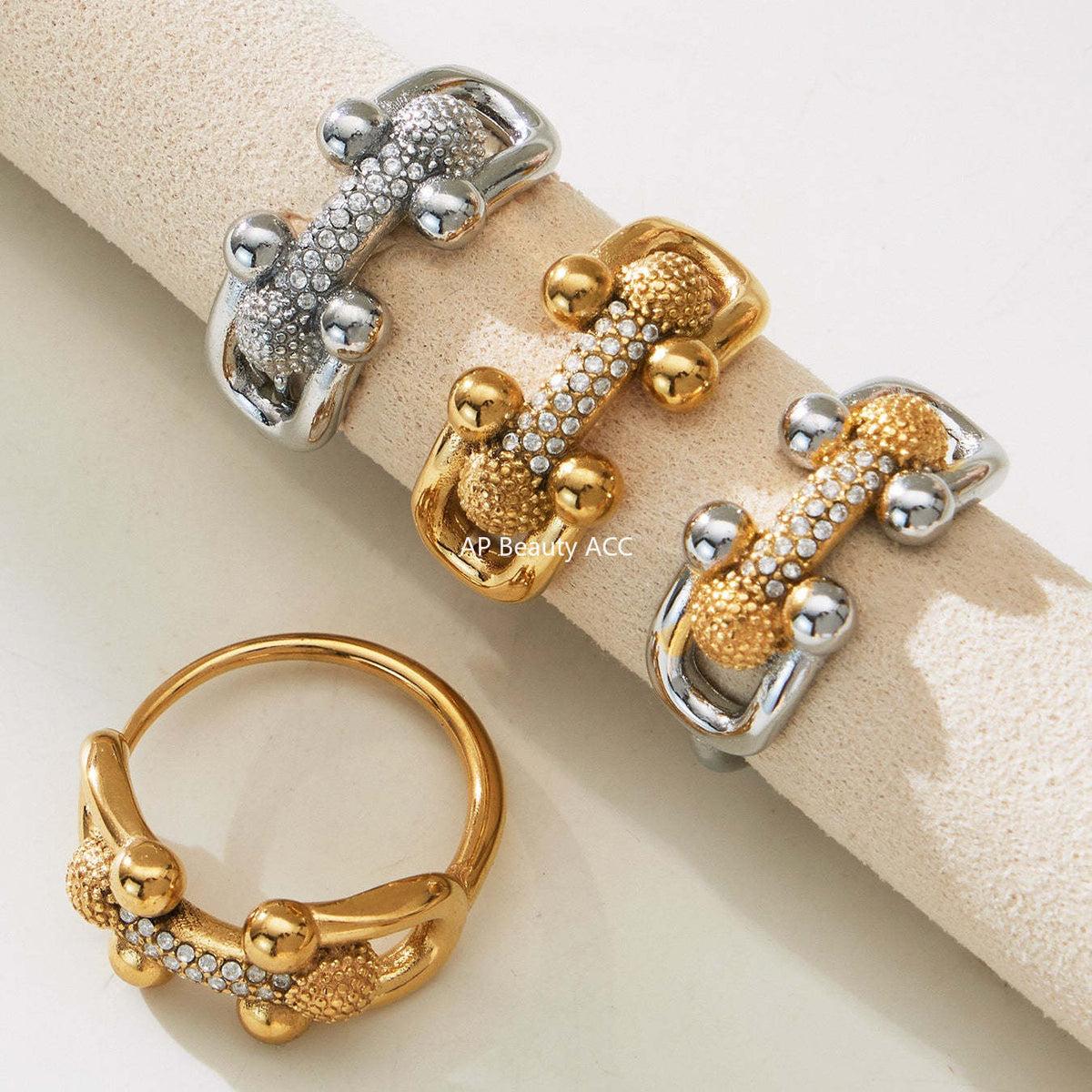 B廠-不鏽鋼馬蹄扣帶鑽飾品耳環戒指手鍊項鍊首飾套裝鍍18k真金不掉色「TXP501」25.11-4