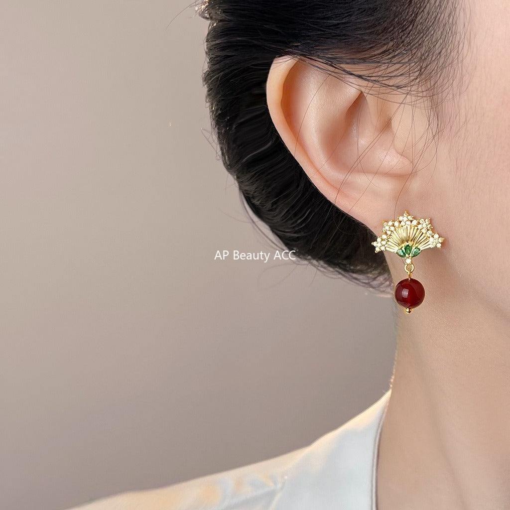 A廠-原創設計新中式微鑲鋯石925銀針扇形紅瑪瑙民族風新款耳飾耳環「7041」25.11-1