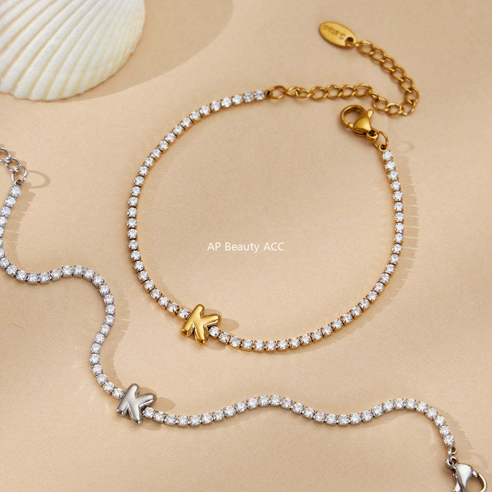 B廠-爆閃爪鑲鋯石26字母手鍊 不鏽鋼鍍18k真金時尚精緻氣質珠寶首飾女「RE023」25.12-3