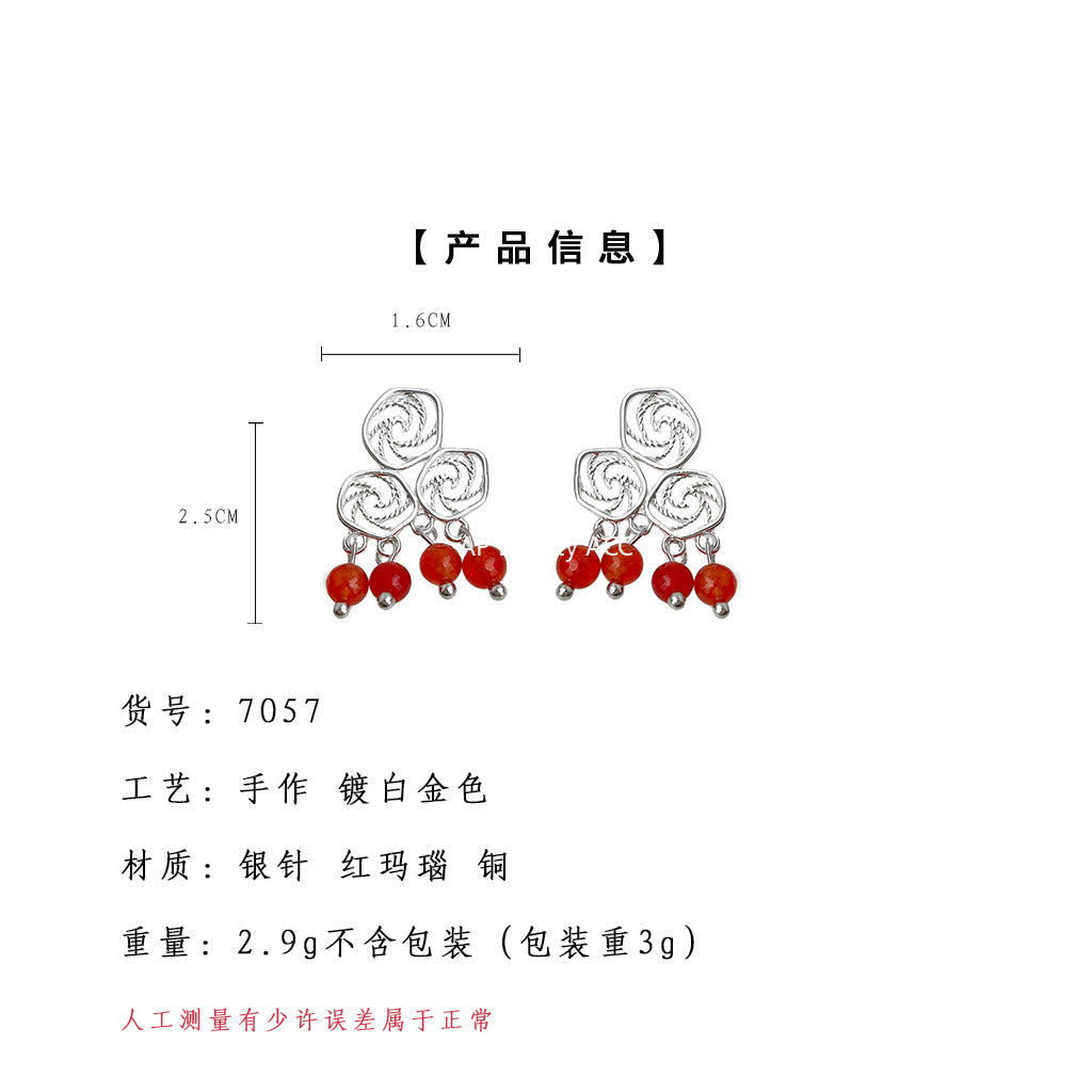 A廠-原創設計文藝復古手工藝設計紅瑪瑙天然石鏤空幾何中式祥雲耳飾「7057」25.11-2