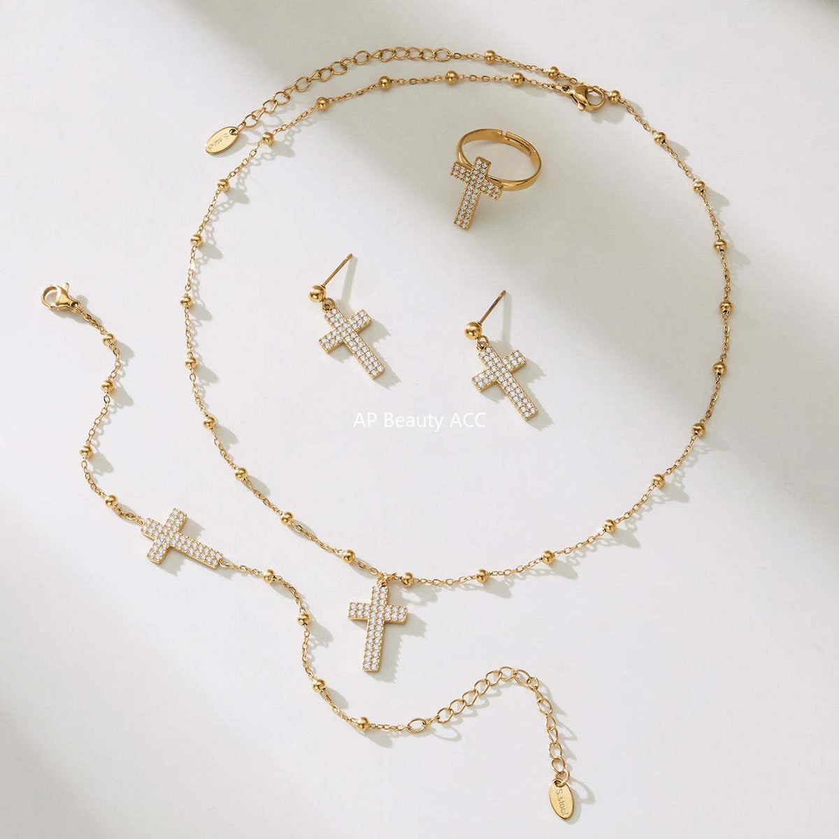 B廠-不鏽鋼超閃5A鋯石十字架戒指耳環項鍊手鍊首飾套裝鍍18k金不掉色「TXP503」25.11-4