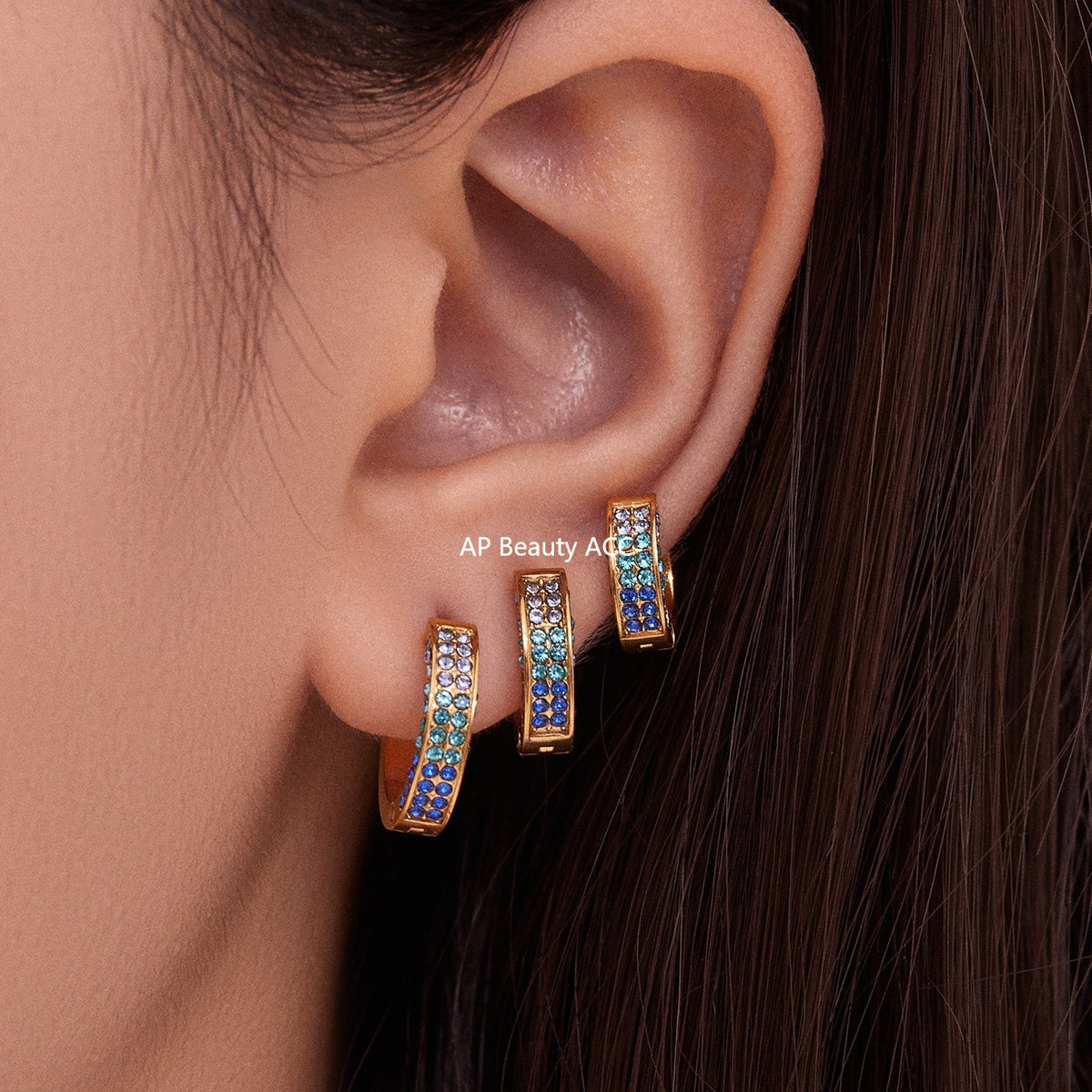 B廠-ins風高質量彩色5A鋯石圓圈卡扣耳環不鏽鋼鍍18k真金耳飾女「F930」25.11-2