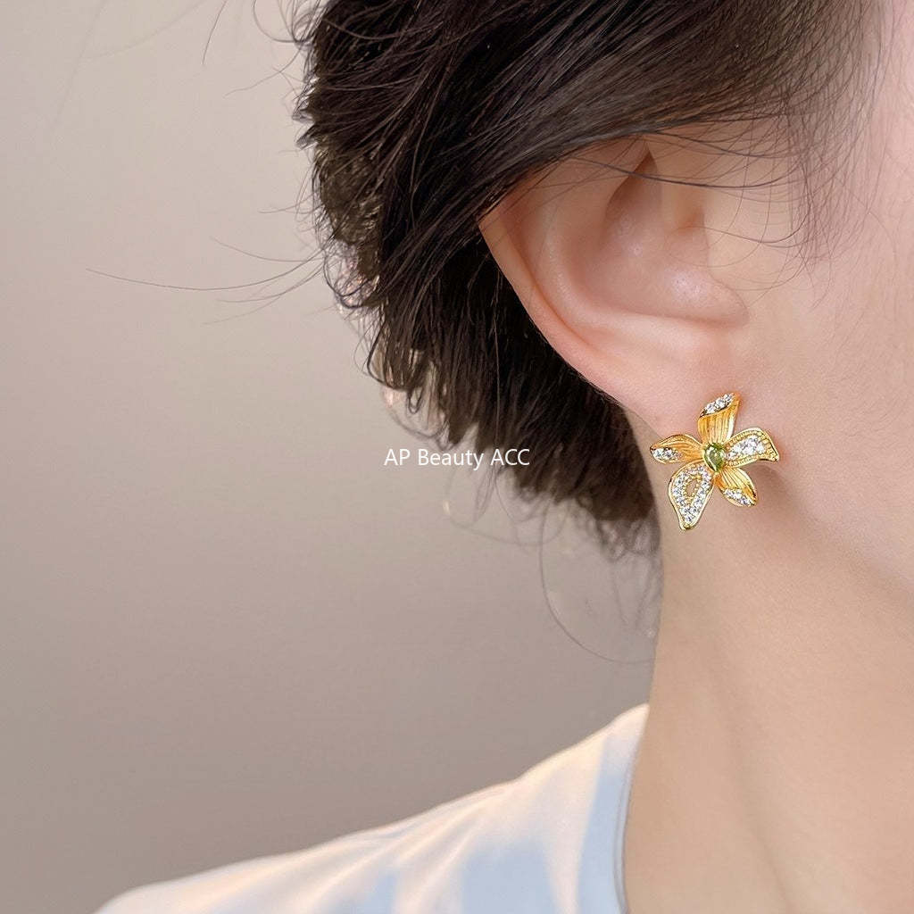 A廠-原創 鳶尾花設計師款微鑲鋯石s925銀針立體新款花朵耳環工廠耳飾女「6993」25.10-5