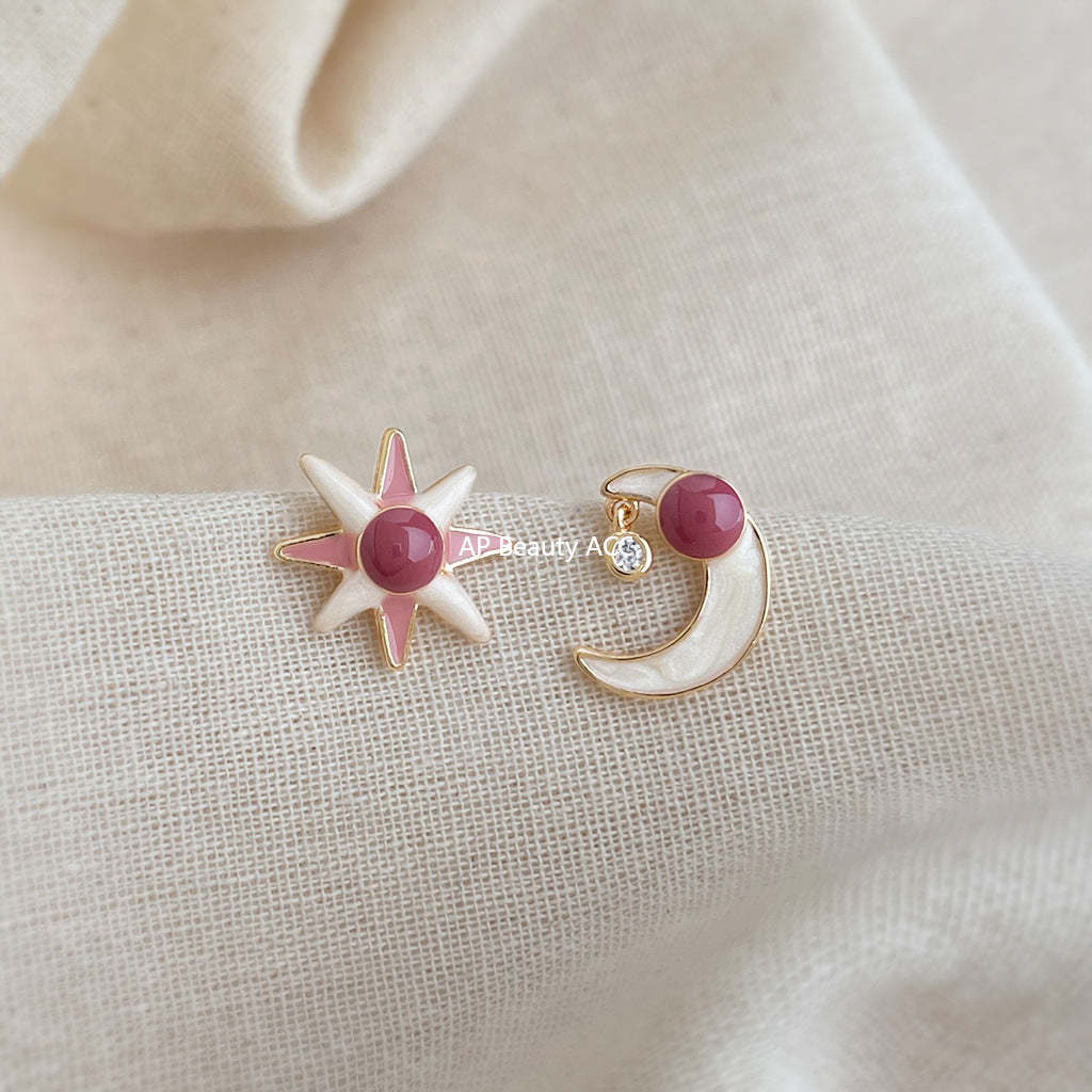A廠-原創八芒星月亮~925銀針不對稱設計清新甜美學院風新款耳飾耳環女「7043」25.11-1