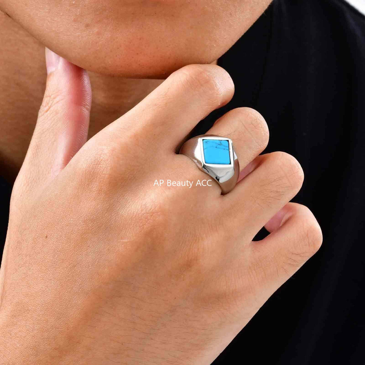 G廠-不鏽鋼男士個性街頭鬆弛菱形綠松石黑瑪瑙度假穿搭戒指鋼色「RC-967」25.10-5