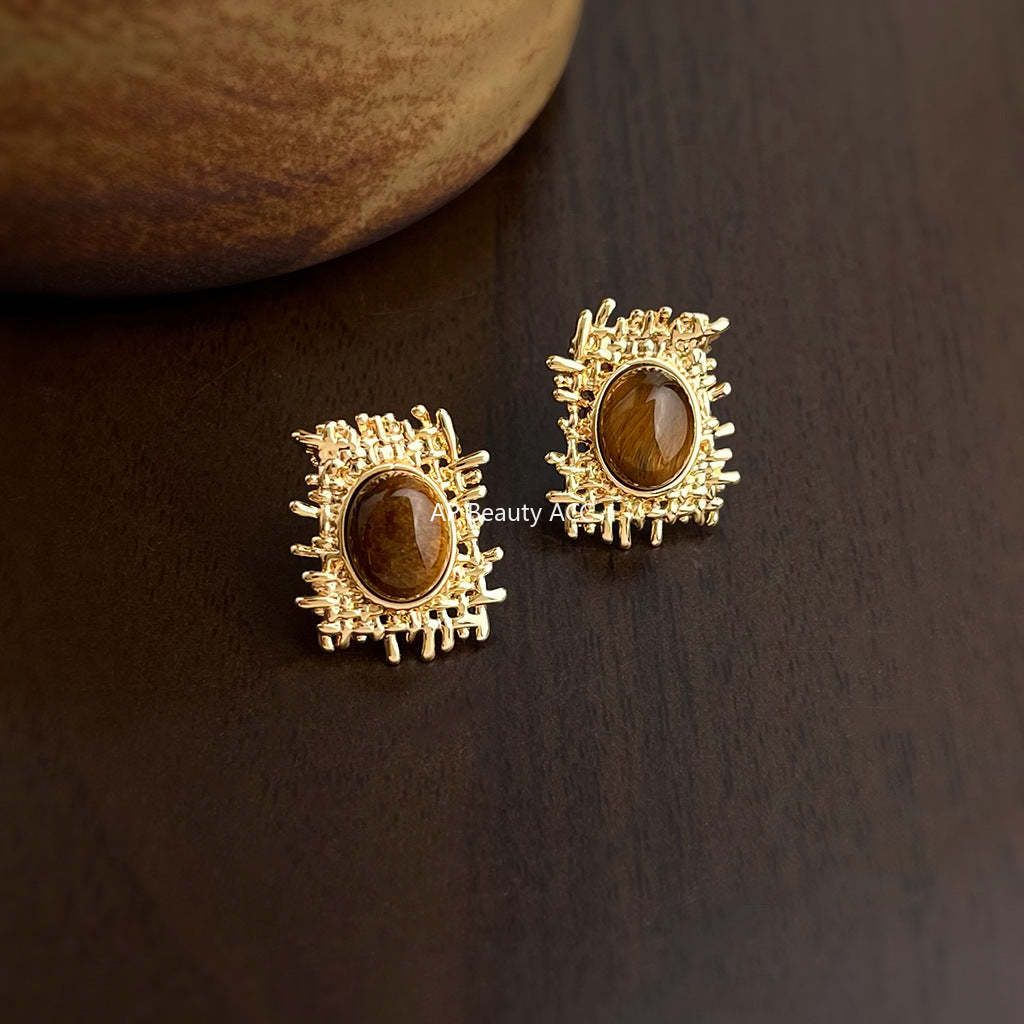 A廠-美拉德風虎眼石天然石設計師款不規則網狀秋冬新款耳飾工廠耳環女「6977」25.10-5