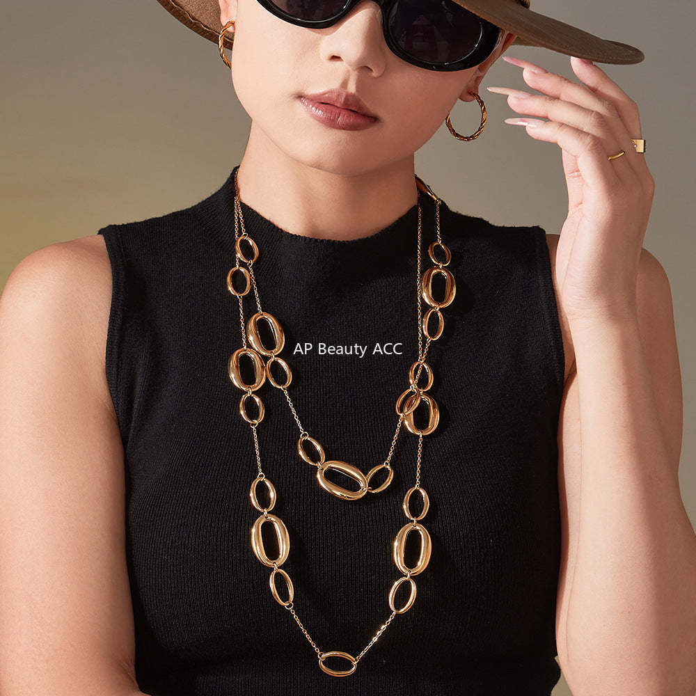 B廠-不鏽鋼幾何長款項鍊 鍍18k金ins歐美時尚百搭O字拼接毛衣「M084」25.11-3