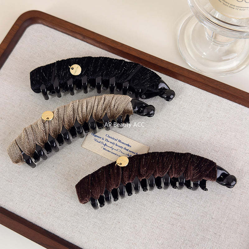 E廠-秋冬復古絨布三角抓夾輕奢純色布藝纏繞香蕉夾高級感扎馬尾竪夾「27720」25.11-4