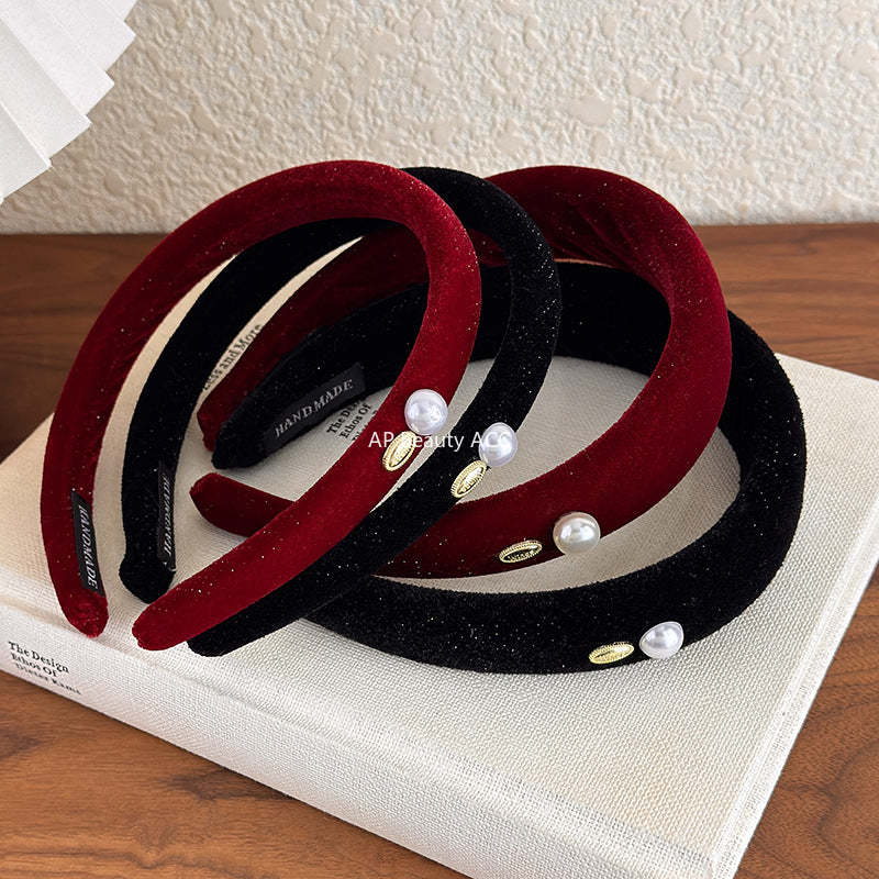 E廠-復古港風絲絨頭箍喜慶紅色絨面珍珠銘牌寬窄髮箍新款新年時尚髮卡「27822」25.12-3