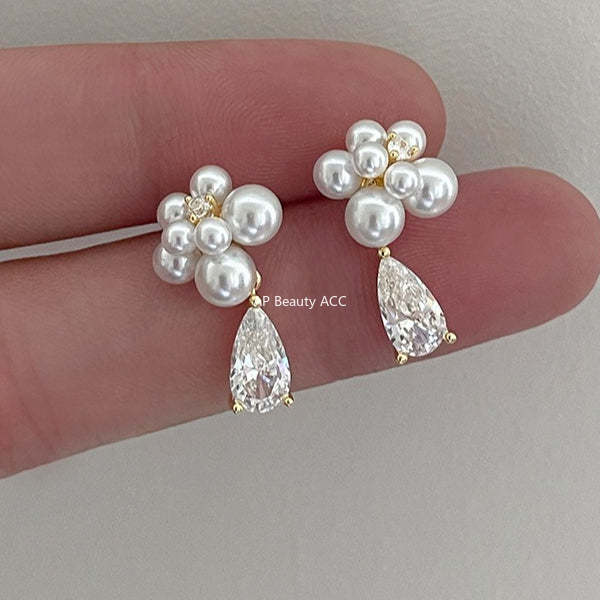 C廠-法式輕奢鋯石耳環女氣質優雅高級感珍珠耳釘復古精緻時尚花朵耳飾「EH-4351」25.12-1