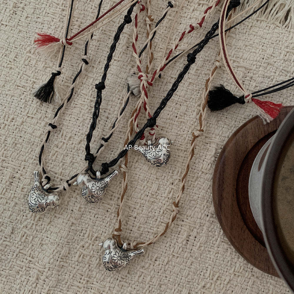 C廠-多寶滿足鳥串珠吊墜S925純銀項鍊女復古小眾高級感編織繩毛衣鏈「1633」25.12-3