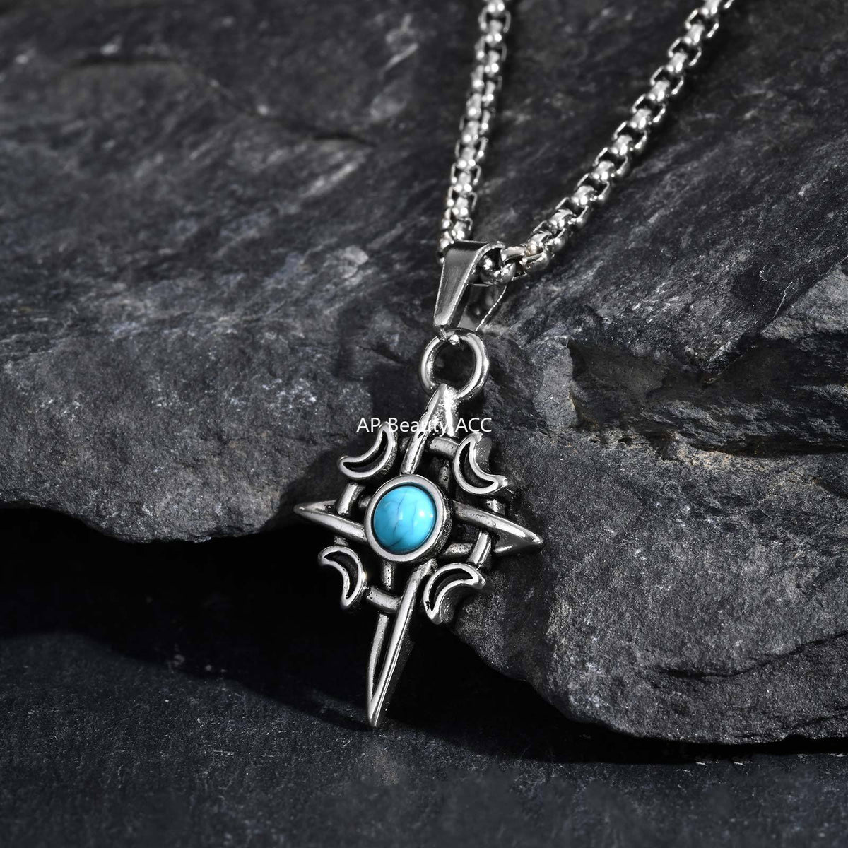 G廠-不鏽鋼男士個性復古項鍊首飾星月綠松石吊墜「PN-2111」25.12-2