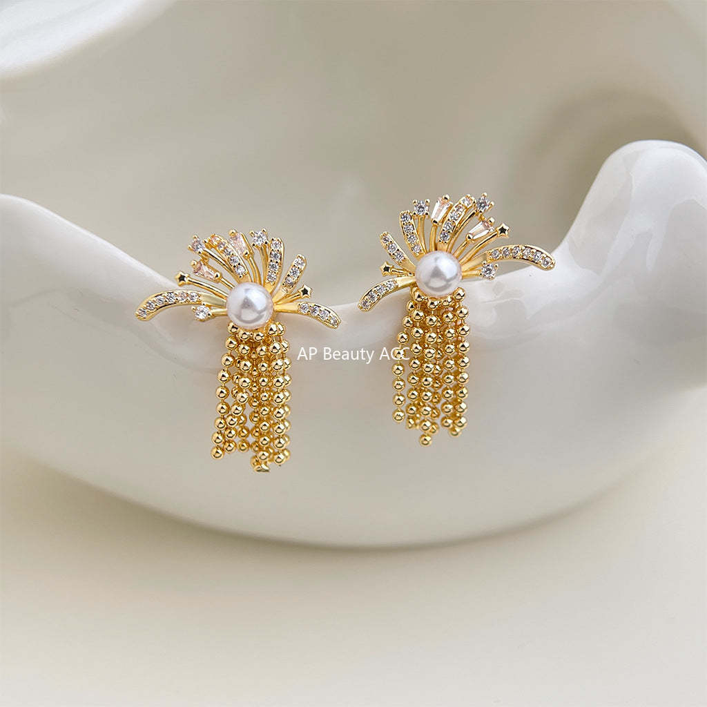 A廠-微鑲鋯石時尚高級感煙火流蘇S925銀針新款耳環女小眾設計創意耳飾「7136」25.11-4