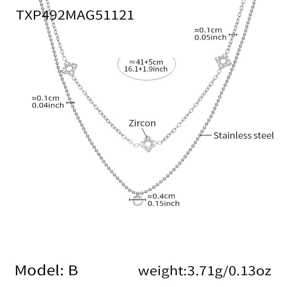 B廠-簡約時尚花朵滿鑽鋯石吊墜雙層疊戴項鍊不鏽鋼手鍊戒指套裝「TXP492」25.11-4