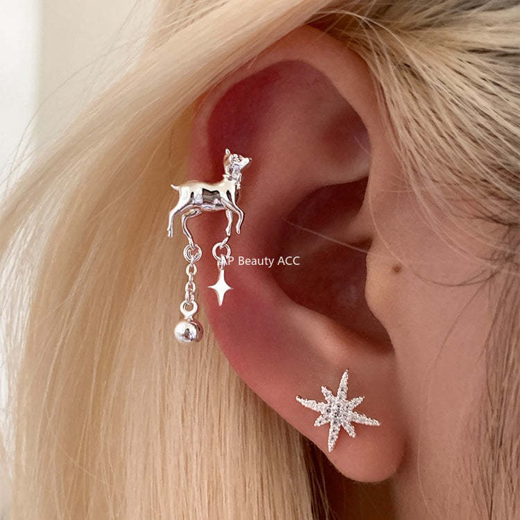 C廠-甜美風幸運小鹿耳釘女高級星星流蘇銀針耳環氣質冷淡風不對稱耳飾「EH-4262」25.11-4