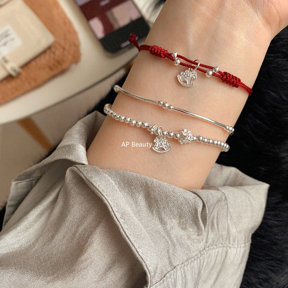 C廠-2026年生肖馬年馬上有錢花小馬花朵彎管雙層彈力手鍊S925純銀手鍊「1601」25.11-2