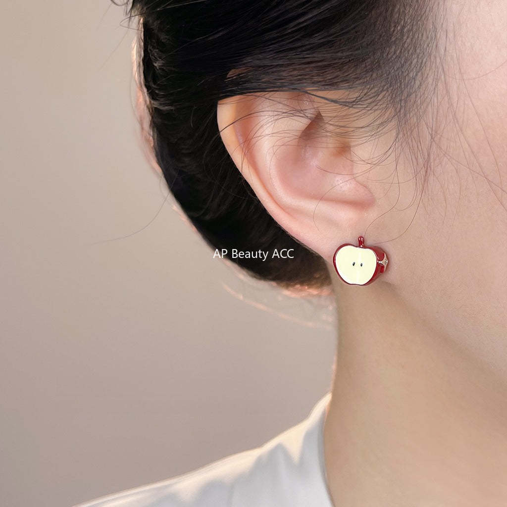 A廠-創意ins風925銀針琺瑯滴釉酒紅色蘋果耳環不對稱個性AB款耳飾「7174」25.12-1