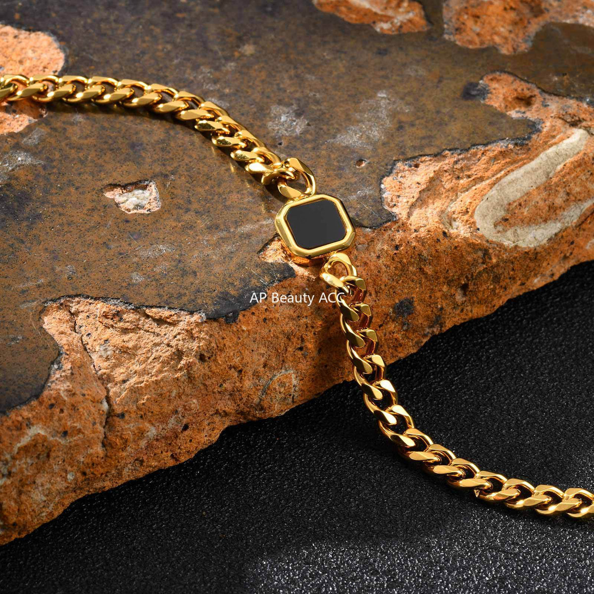 G廠-潮男ins嘻哈歐美不鏽鋼壓克力六面磨鏈手鍊金色「BR-2662」25.10-5