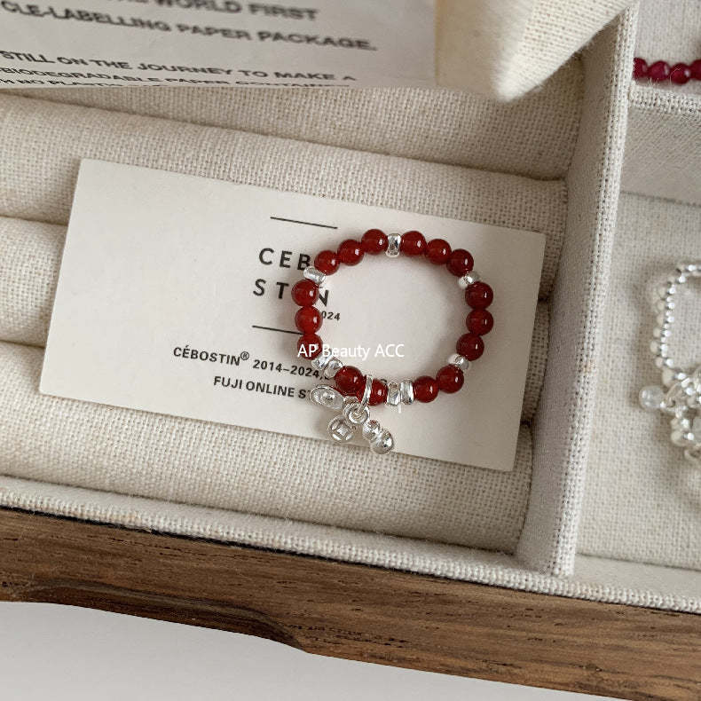 C廠-古風花朵葉子福袋小馬元寶蘋果紅瑪瑙彈力戒指S925純銀戒指女士「RB」25.11-4