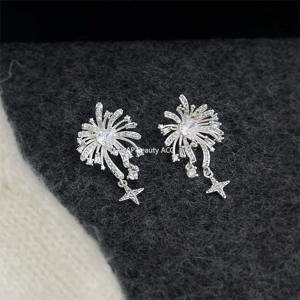 A廠-時尚高級感煙火925銀針芒星流蘇設計感新款耳飾工廠耳環飾品「7022」25.11-1