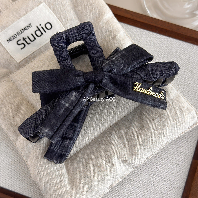 E廠-美拉德格紋蝴蝶結抓夾女高級感大號鯊魚夾子新款盤髮夾後腦勺頭飾「27659」25.11-2