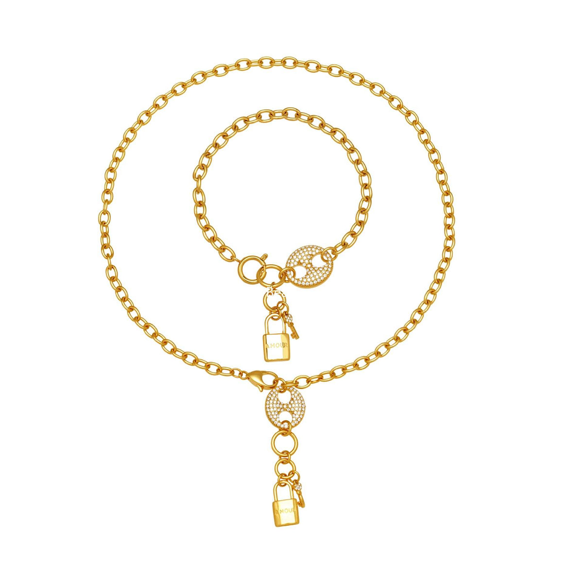 B廠-不鏽鋼滿鑽鋯石豬鼻子鎖頭流蘇吊墜珠寶扣項鍊手鍊套裝鍍18k真金「TXP516」25.12-2