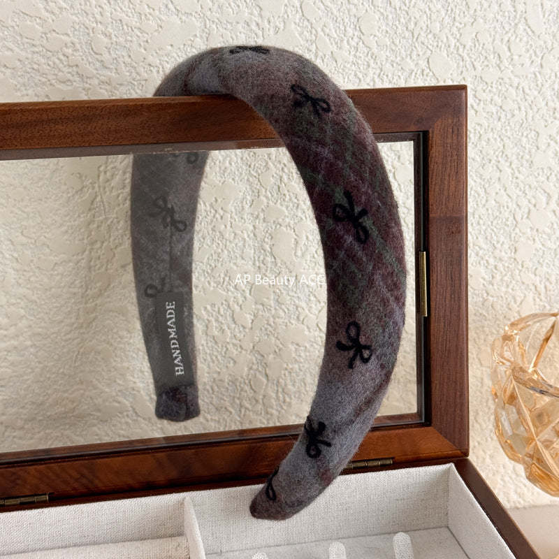 E廠-蝴蝶結毛呢髮箍秋冬高顱頂頭窟復古髮旅頭箍女高級感洋氣時尚髮飾「26085」25.11-3