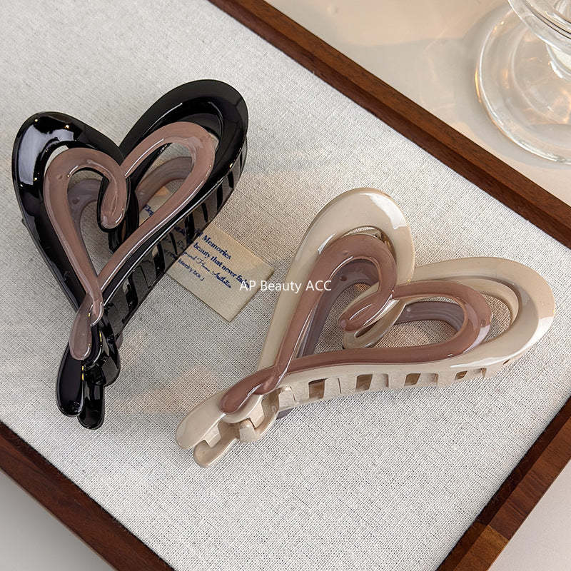 E廠-秋冬奶咖色漸變雙層愛心抓夾個性ins風不規則後腦勺髮抓盤髮夾女「27753」25.12-1