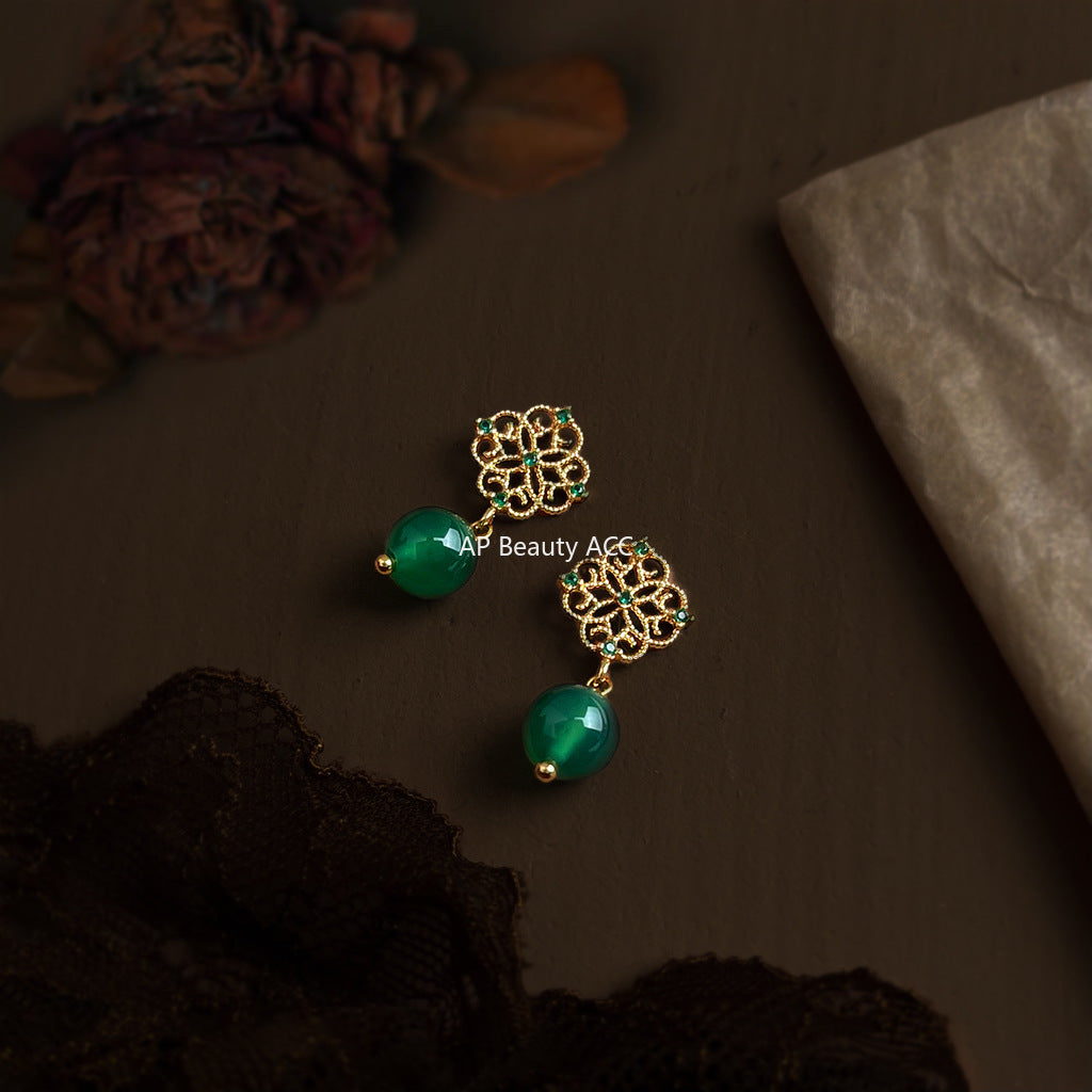 A廠-新中式微鑲鋯石綠瑪瑙鏤空蕾絲新款手工耳飾工廠耳環批發「7068」25.11-2