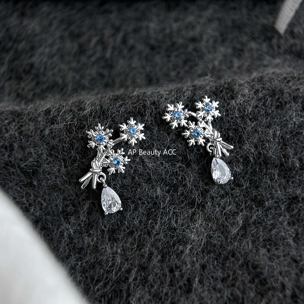 A廠-原創飄雪~海藍寶鋯石925銀針雪花設計師耳環氣質個性創意新耳飾「7158」25.11-4
