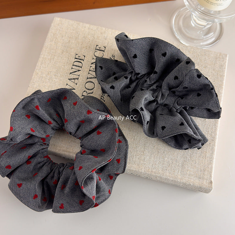 E廠-秋冬紅色波點愛心印花肥腸圈髮圈甜美時尚韓版灰色系溫柔復古髮繩「27665」25.11-2