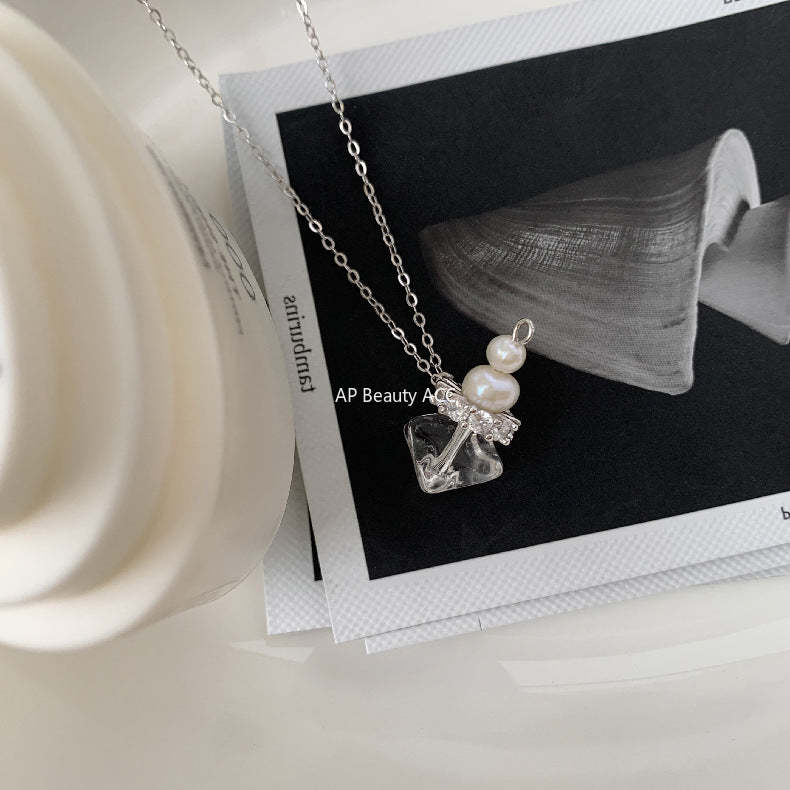 C廠-韓國ins風小眾設計 守護星 天然白水晶天然淡水珍珠S925純銀項鍊「1497」25.11-3