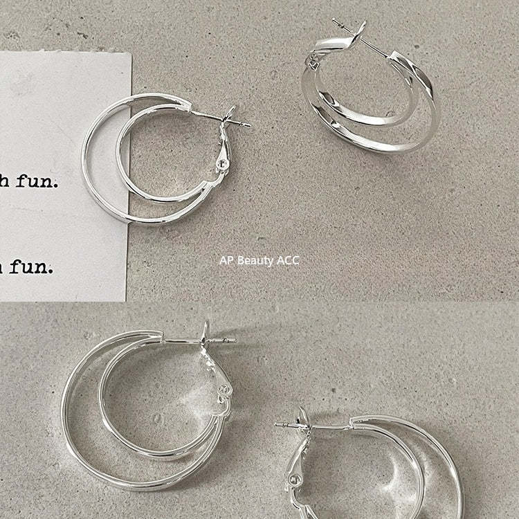 C廠-925銀針多層疊戴風大小圈耳環女氣質時尚高級感素圈耳圈輕奢耳飾「EH-4307」25.11-4