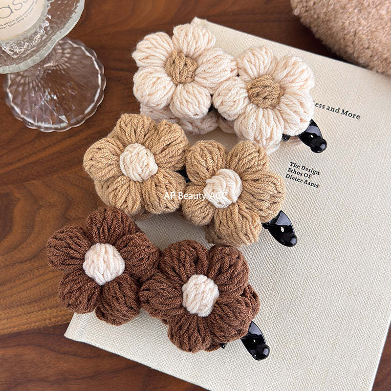 E廠-復古毛線花朵香蕉夾竪夾女秋冬飽滿後腦勺高馬尾抓夾氣質百搭髮夾「27628」25.11-1