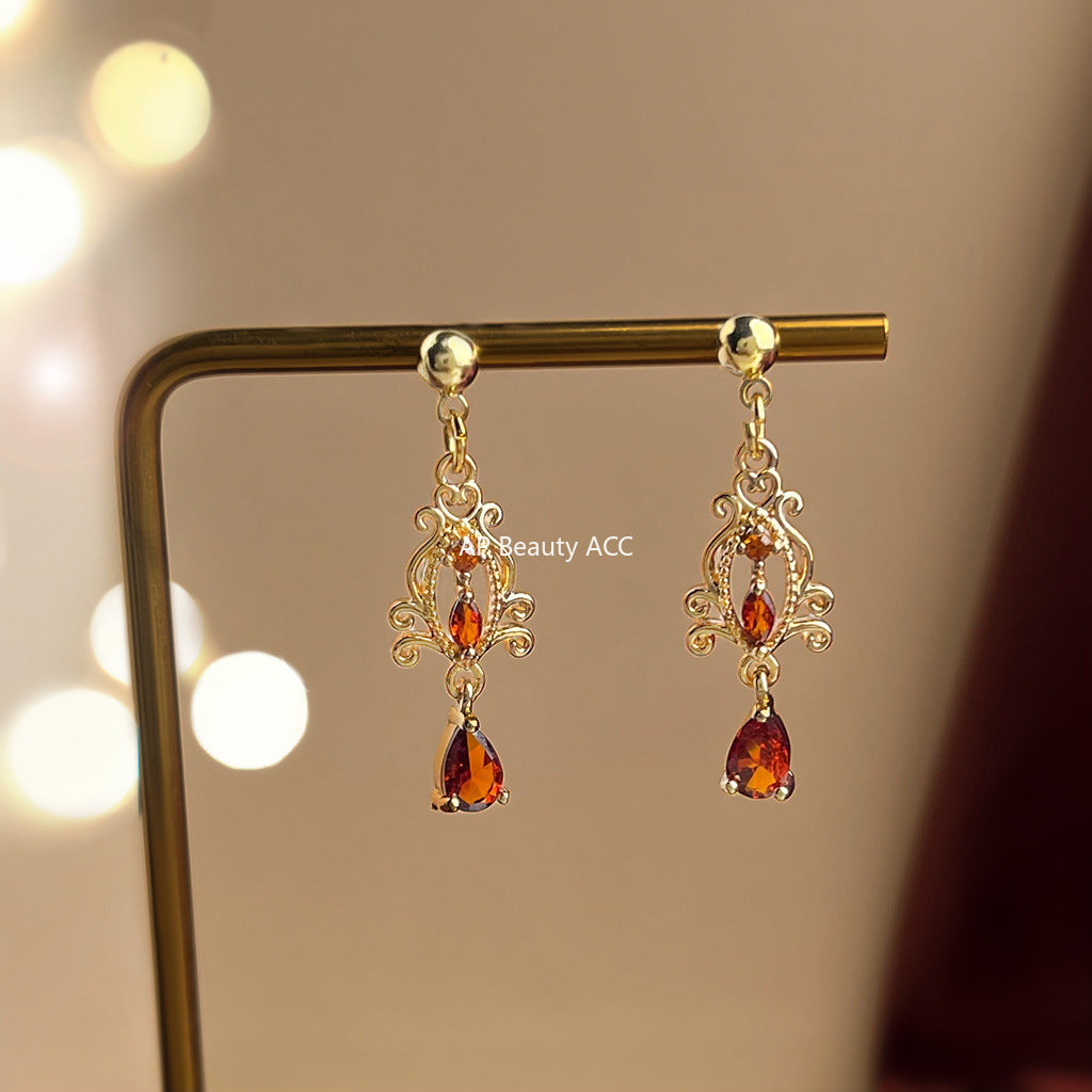 A廠-文藝復古宮廷風鑲嵌鋯石酒紅色長款流蘇新款耳飾工廠飾品耳環「7055」25.11-2